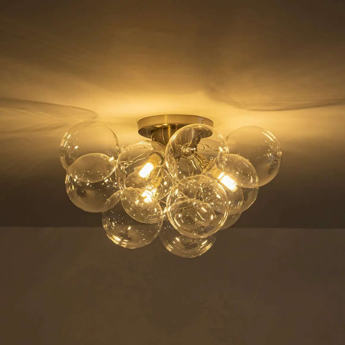 3-Light Brass Cluster Clear Glass Globe Bubble Ceiling Light