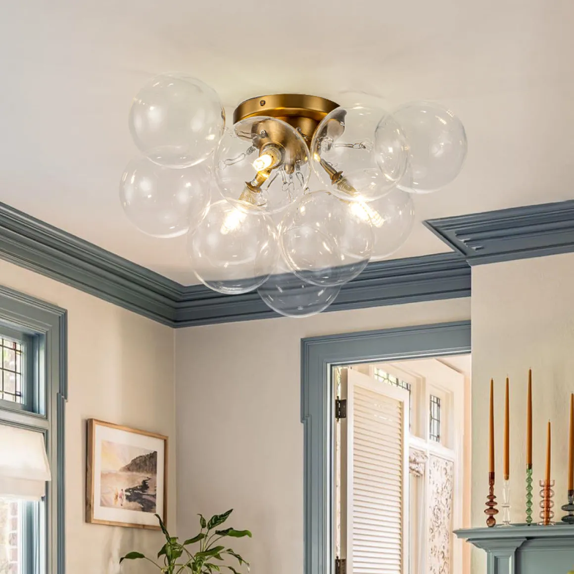 3-Light Brass Cluster Clear Glass Globe Bubble Ceiling Light
