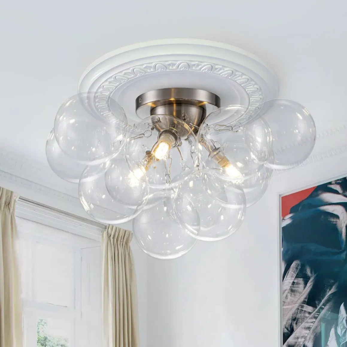 3-Light Brass Cluster Clear Glass Globe Bubble Ceiling Light