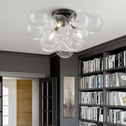 3-Light Brass Cluster Clear Glass Globe Bubble Ceiling Light