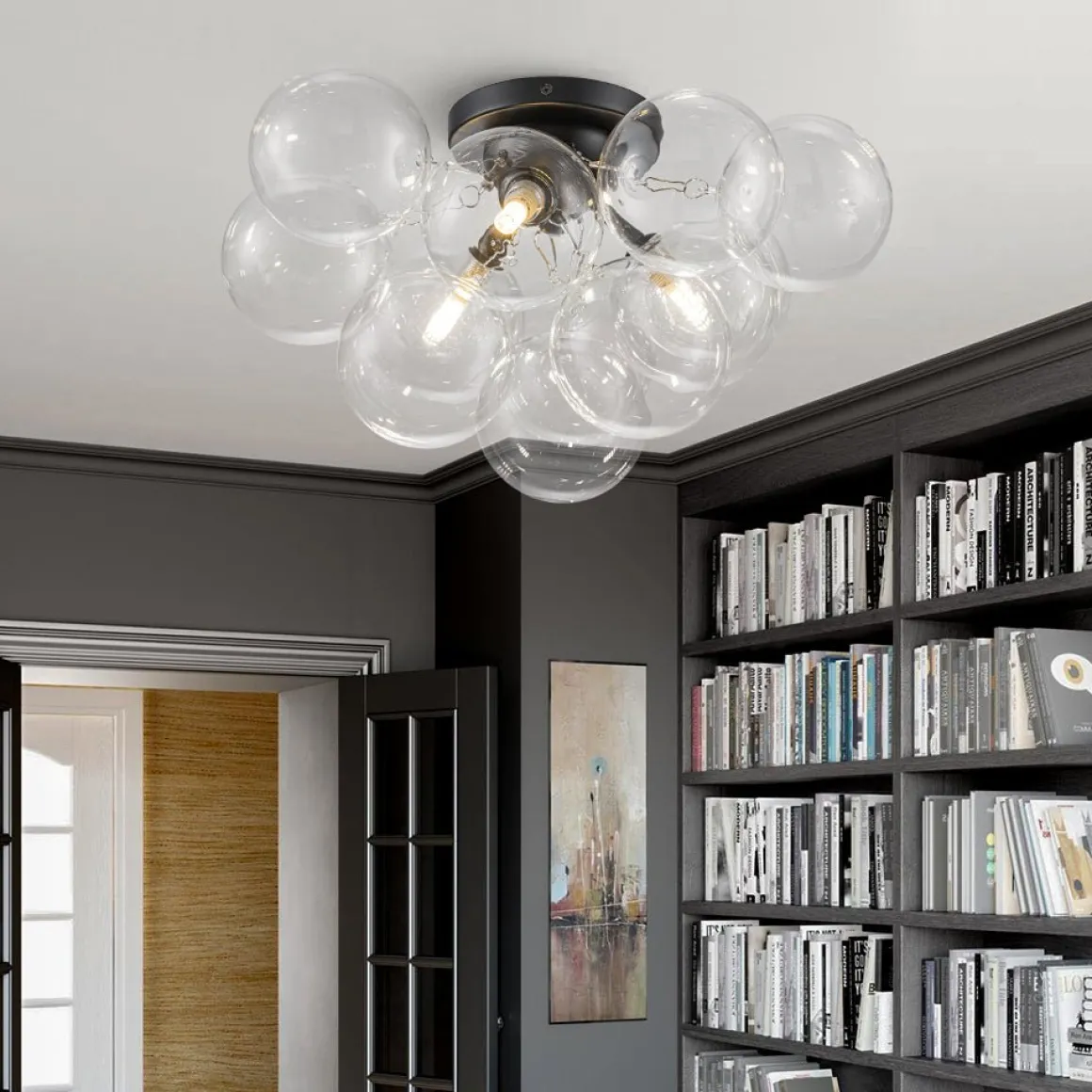 3-Light Brass Cluster Clear Glass Globe Bubble Ceiling Light