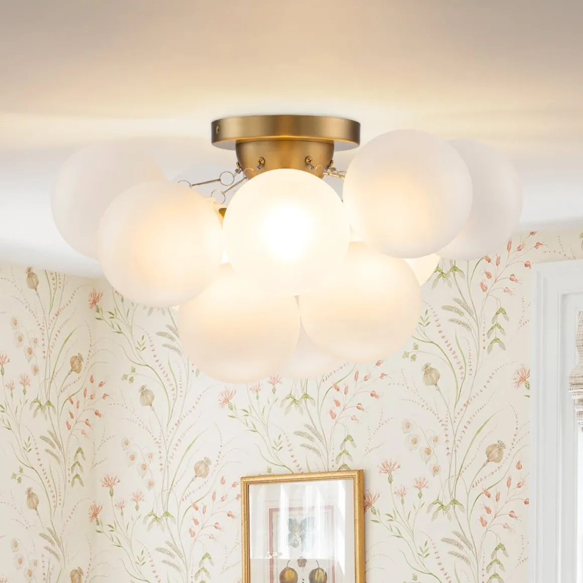 3-Light Brass Cluster Frosted Glass Globe Bubble Ceiling Light
