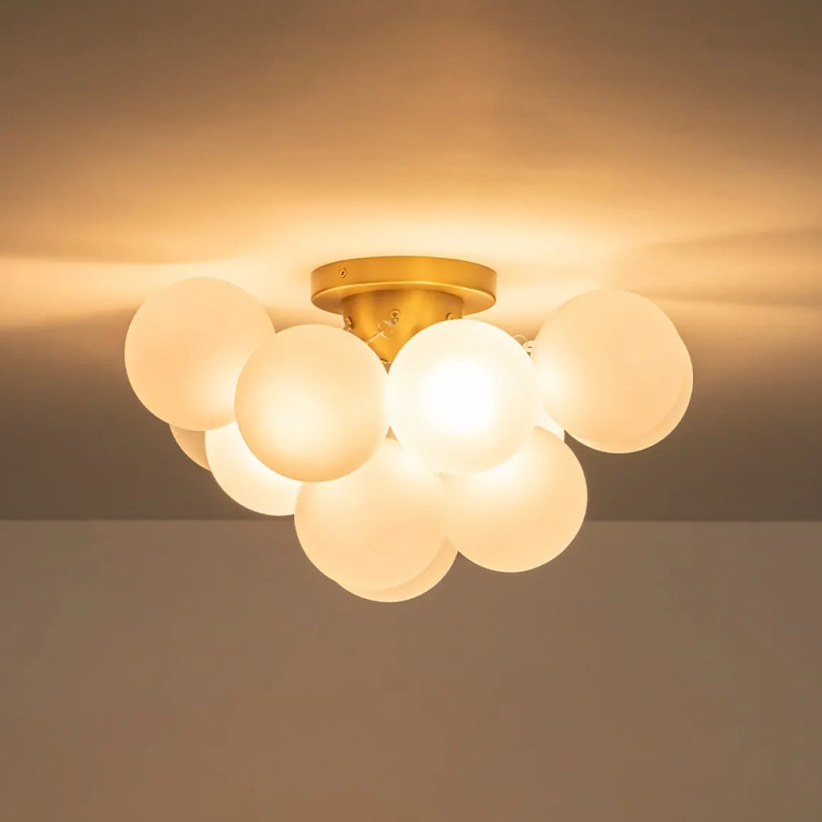 3-Light Brass Cluster Frosted Glass Globe Bubble Ceiling Light