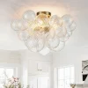 3-Light Brass Cluster Ribbed Glass Bubble Semi Flush Chandelier