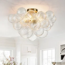 3-Light Brass Cluster Ribbed Glass Bubble Semi Flush Chandelier