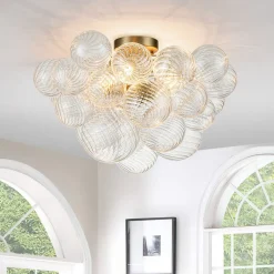 3-Light Brass Cluster Ribbed Glass Bubble Semi Flush Chandelier
