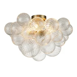 3-Light Brass Cluster Ribbed Glass Bubble Semi Flush Chandelier