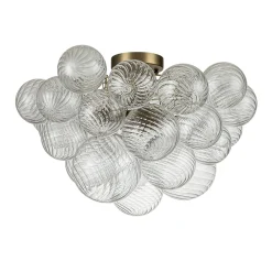 3-Light Brass Cluster Ribbed Glass Bubble Semi Flush Chandelier