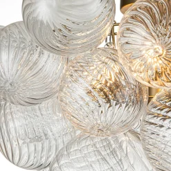 3-Light Brass Cluster Ribbed Glass Bubble Semi Flush Chandelier