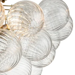 3-Light Brass Cluster Ribbed Glass Bubble Semi Flush Chandelier