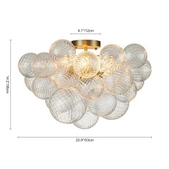 3-Light Brass Cluster Ribbed Glass Bubble Semi Flush Chandelier