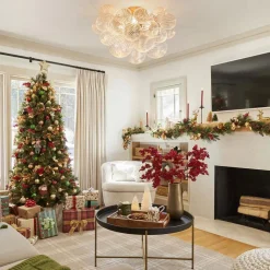 3-Light Brass Cluster Ribbed Glass Bubble Semi Flush Chandelier