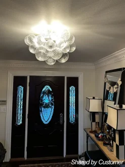 3-Light Brass Cluster Ribbed Glass Bubble Semi Flush Chandelier