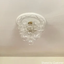 3-Light Brass Cluster Ribbed Glass Bubble Semi Flush Chandelier