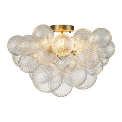 3-Light Brass Cluster Ribbed Glass Bubble Semi Flush Chandelier