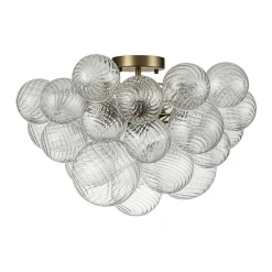 3-Light Brass Cluster Ribbed Glass Bubble Semi Flush Chandelier