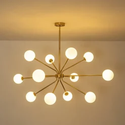 12-Light Brass Firework Opal Glass Globe Sputnik Chandelier