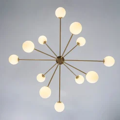 12-Light Brass Firework Opal Glass Globe Sputnik Chandelier