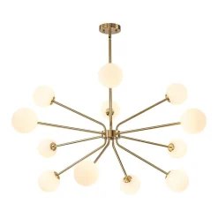 12-Light Brass Firework Opal Glass Globe Sputnik Chandelier