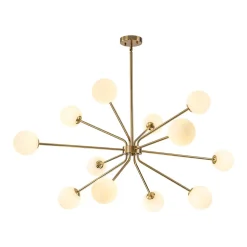 12-Light Brass Firework Opal Glass Globe Sputnik Chandelier