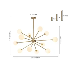 12-Light Brass Firework Opal Glass Globe Sputnik Chandelier