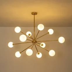 12-Light Brass Firework Opal Glass Globe Sputnik Chandelier
