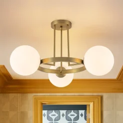 3-Light Brass Opal Glass Globe Round Ring Semi Flush Mount
