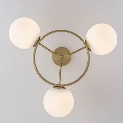 3-Light Brass Opal Glass Globe Round Ring Semi Flush Mount