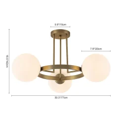 3-Light Brass Opal Glass Globe Round Ring Semi Flush Mount