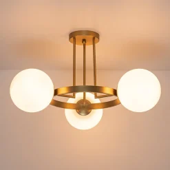3-Light Brass Opal Glass Globe Round Ring Semi Flush Mount
