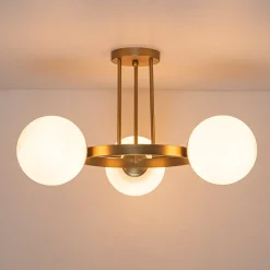 3-Light Brass Opal Glass Globe Round Ring Semi Flush Mount