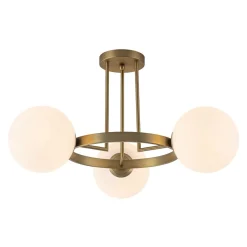 3-Light Brass Opal Glass Globe Round Ring Semi Flush Mount