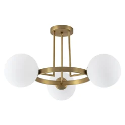 3-Light Brass Opal Glass Globe Round Ring Semi Flush Mount