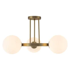 3-Light Brass Opal Glass Globe Round Ring Semi Flush Mount