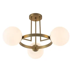 3-Light Brass Opal Glass Globe Round Ring Semi Flush Mount