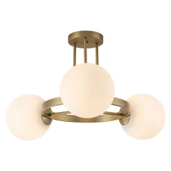 3-Light Brass Opal Glass Globe Round Ring Semi Flush Mount