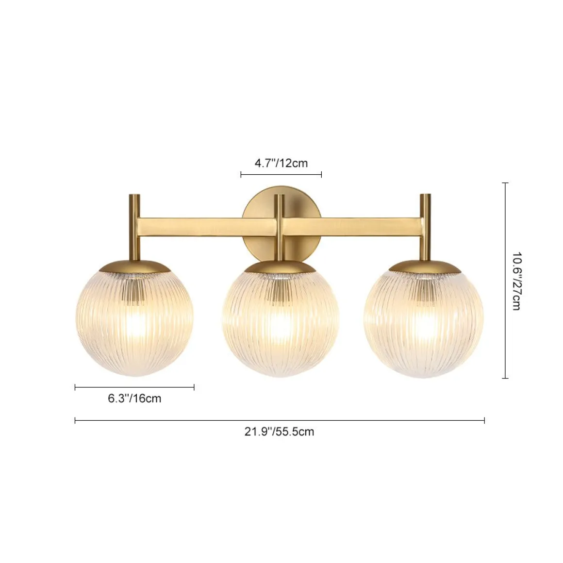 3-Light Brass Ribbed Glass Globe Vanity Wall Sconce