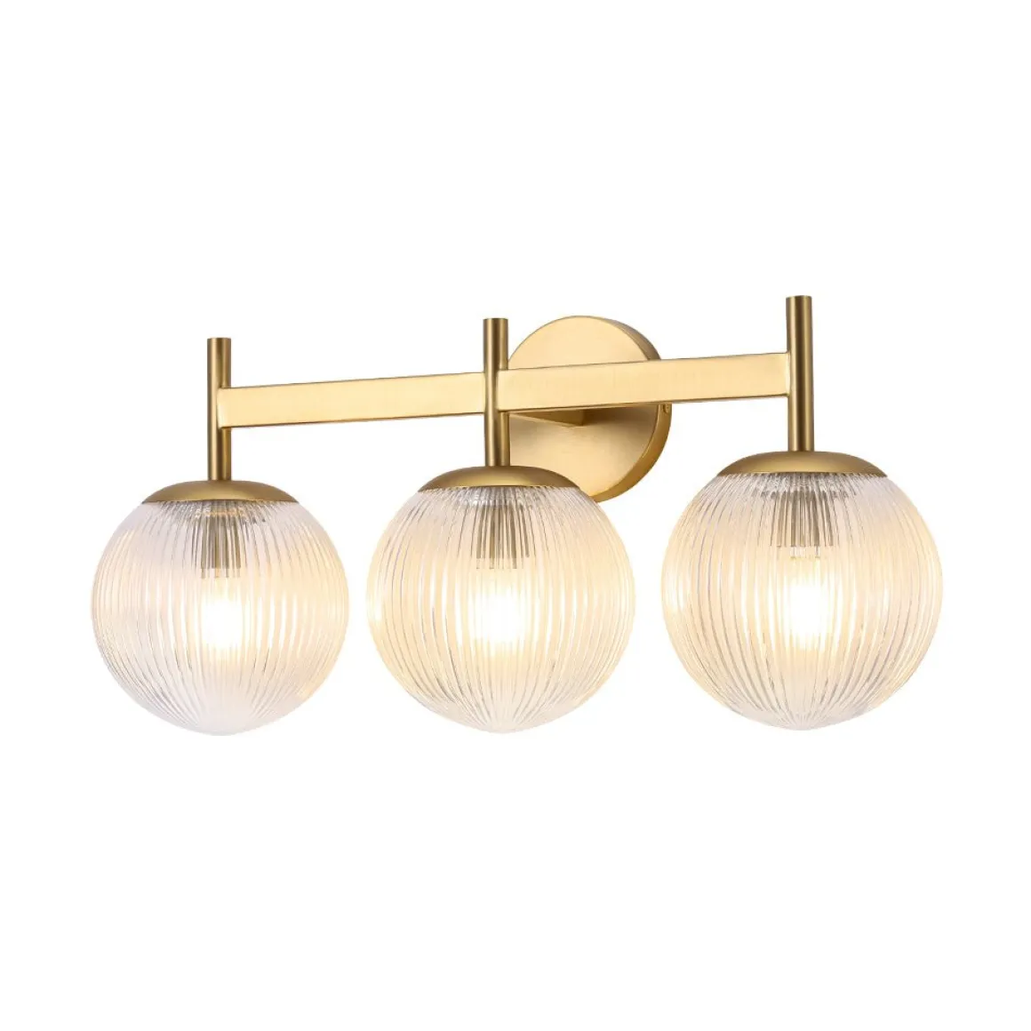 3-Light Brass Ribbed Glass Globe Vanity Wall Sconce