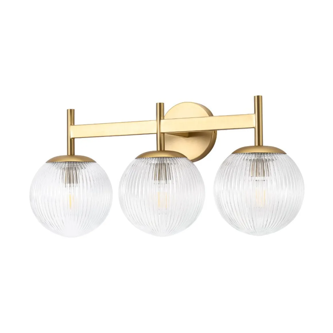 3-Light Brass Ribbed Glass Globe Vanity Wall Sconce