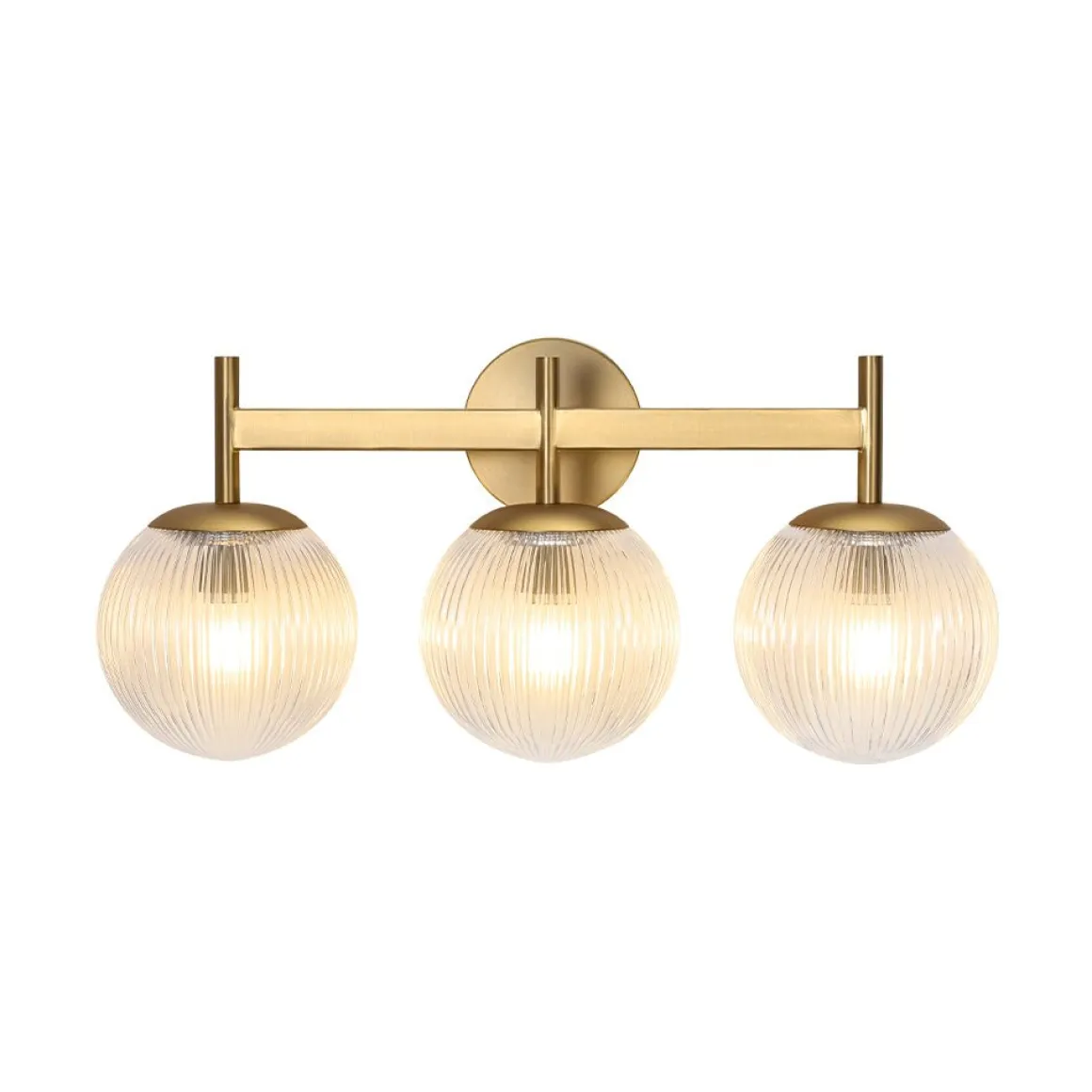 3-Light Brass Ribbed Glass Globe Vanity Wall Sconce