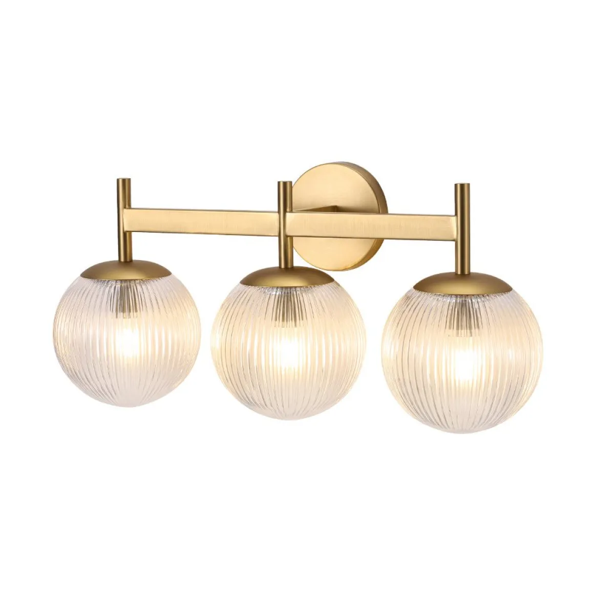 3-Light Brass Ribbed Glass Globe Vanity Wall Sconce