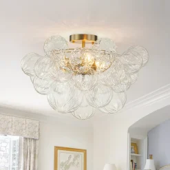 3-Light Brass Sculpture Glass Globe Bubble Semi Flush Chandelier