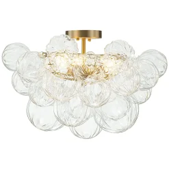 3-Light Brass Sculpture Glass Globe Bubble Semi Flush Chandelier