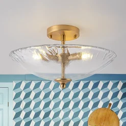 3-Light Brass Textured Glass Bowl Round Semi Flush Mount