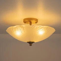 3-Light Brass Textured Glass Bowl Round Semi Flush Mount