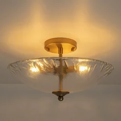 3-Light Brass Textured Glass Bowl Round Semi Flush Mount