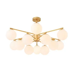 12-Light Brass Tiered Opal Glass Bubble Semi Flush Chandelier
