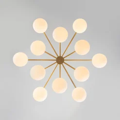 12-Light Brass Tiered Opal Glass Bubble Semi Flush Chandelier