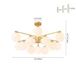 12-Light Brass Tiered Opal Glass Bubble Semi Flush Chandelier