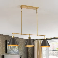 3-Light Brushed Gold Black Cone Island Chandelier